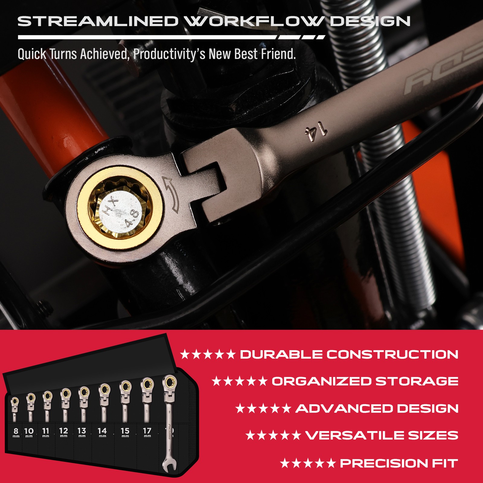 9PC Flexible Ratchet Spanner Wrench Set Metric 8-19mm With Storage Rack