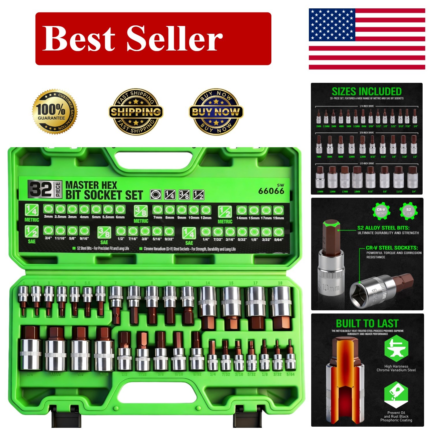 LEXIVON Master HEX Bit Socket Set, S2 Alloy Steel | Complete 32-Piece, S