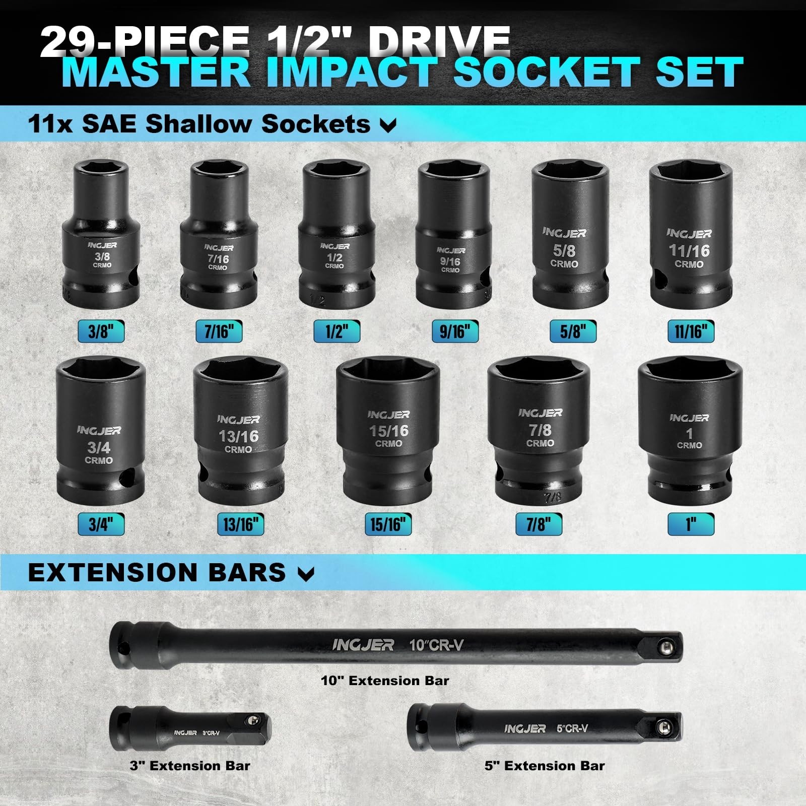 29PCS 1/2″ Impact Socket Set, SAE & Metric Sizes, CR-MO, High Torque, Extension