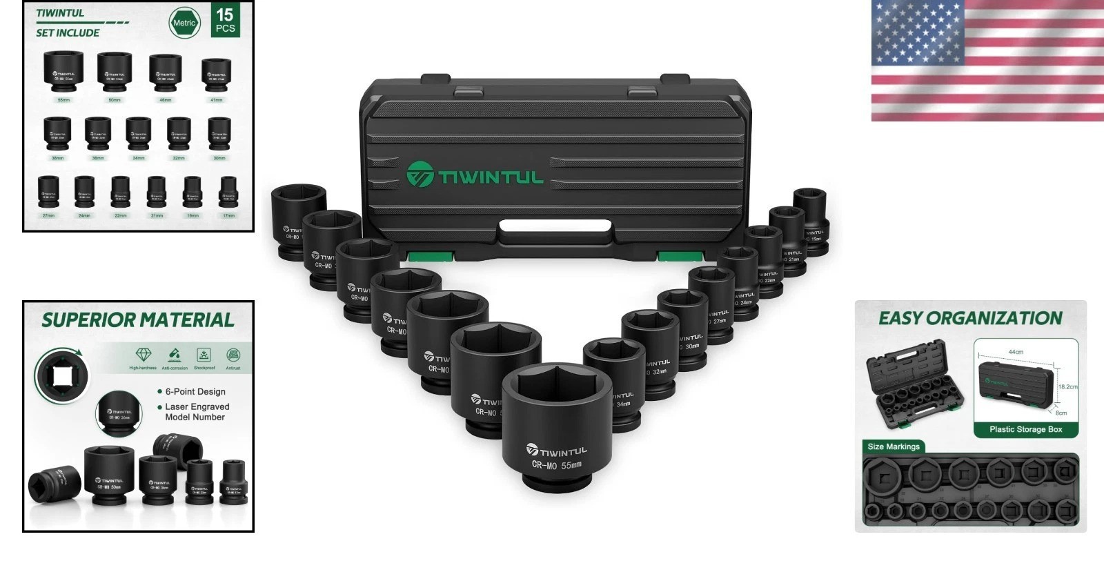 3/4 Inch Drive Impact Socket Set, 15 Pieces Heavy Duty 6-Point CR-MO Steel Im…