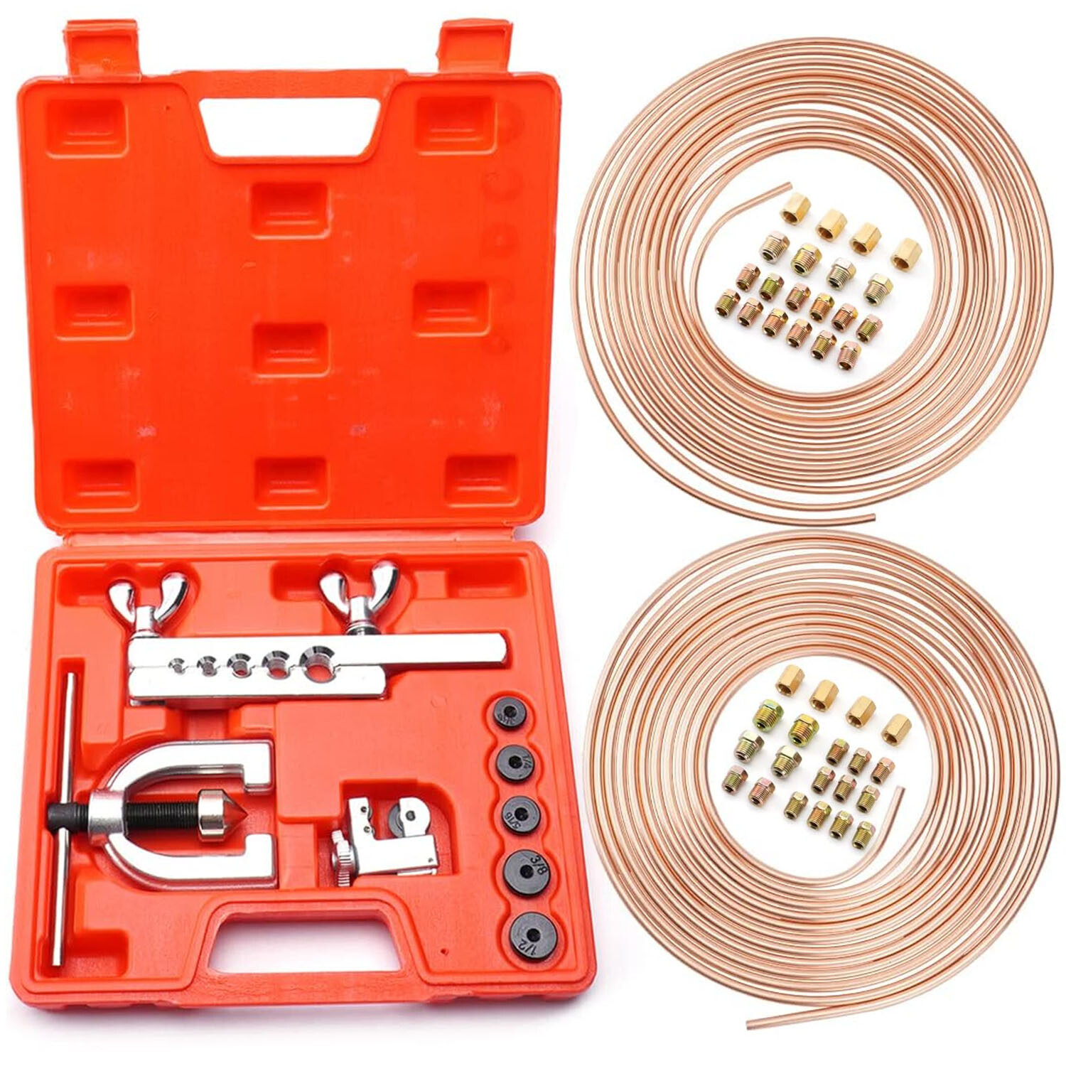 Brake Line Kit 3/16 1/4 25ft Copper Pipe Repair Flaring Tool + 40 Nuts Fittings