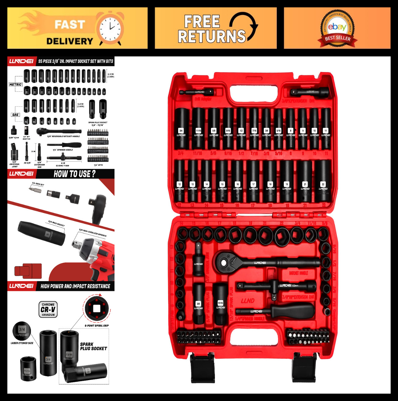 95-Piece 3/8″ Drive Impact Socket Set – SAE & Metric, Deep/Shallow, Adapters, Ra