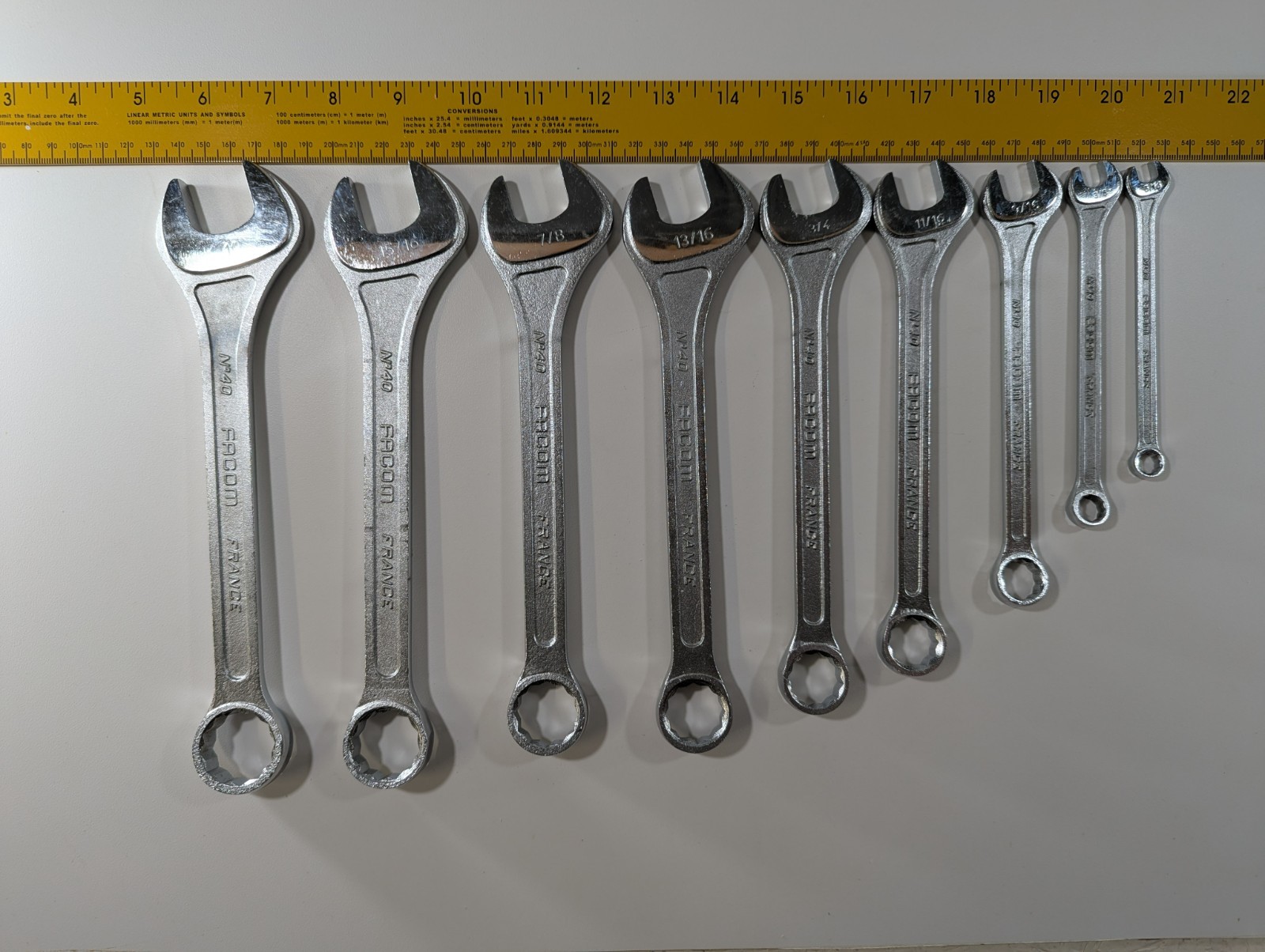9 Facom France SAE Comb Wrenches 1″15/16″ 7/8″ 13/16″3/4″ 11/16″ 9/16″ 3/8″5/16″