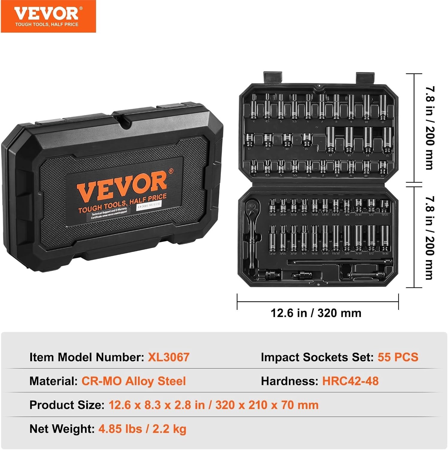 Durable 55-Piece Impact Socket Set – 1/4″ Drive, Deep & Shallow Sockets Included