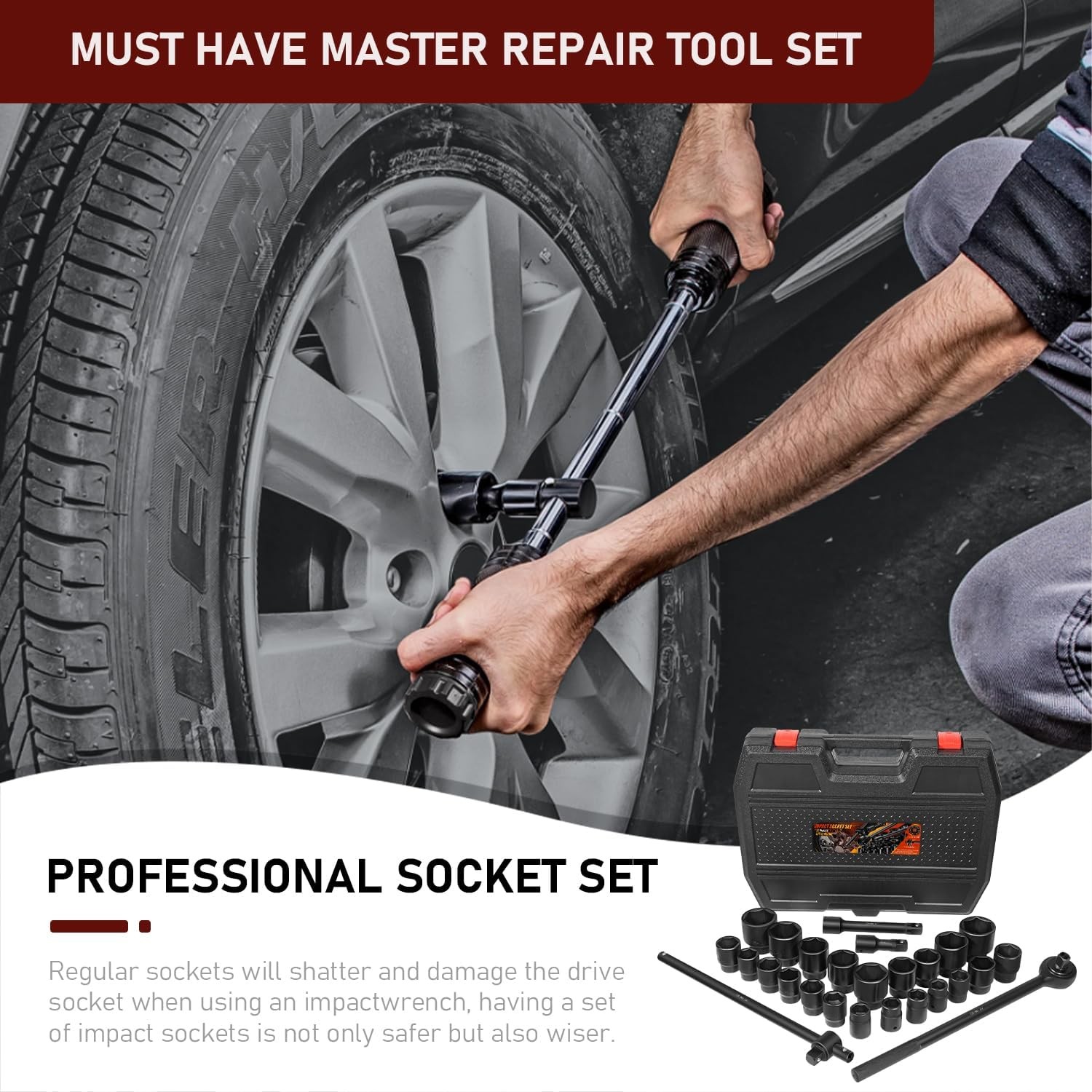27PCS 02499A 3/4″ Drive Impact Socket Set SAE (7/8″ to 2″) Metric (22-50mm) Size