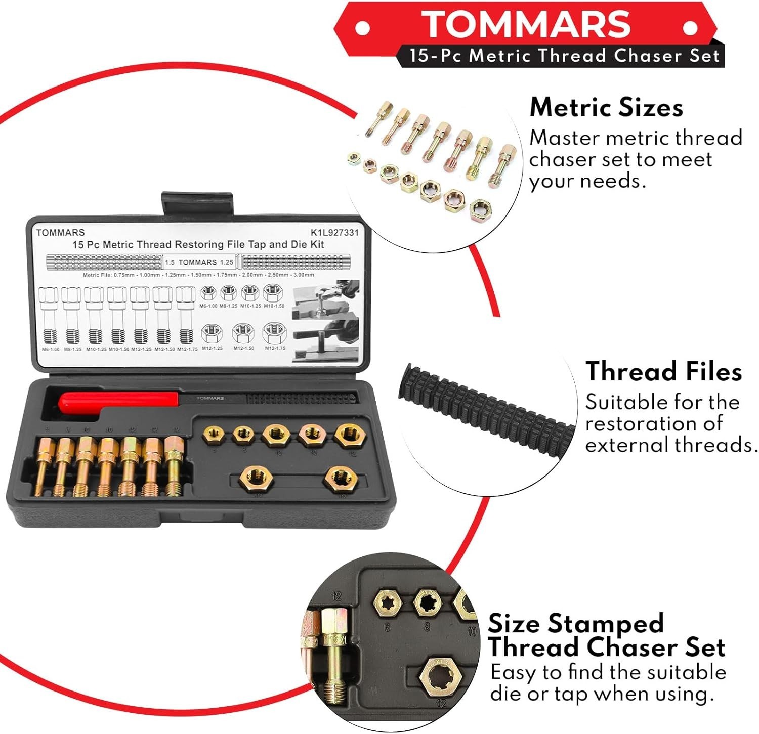 15-Piece Metric Thread Chaser Set, M6 M8 M10 M12 Thread Restorer Tool Thread Ret