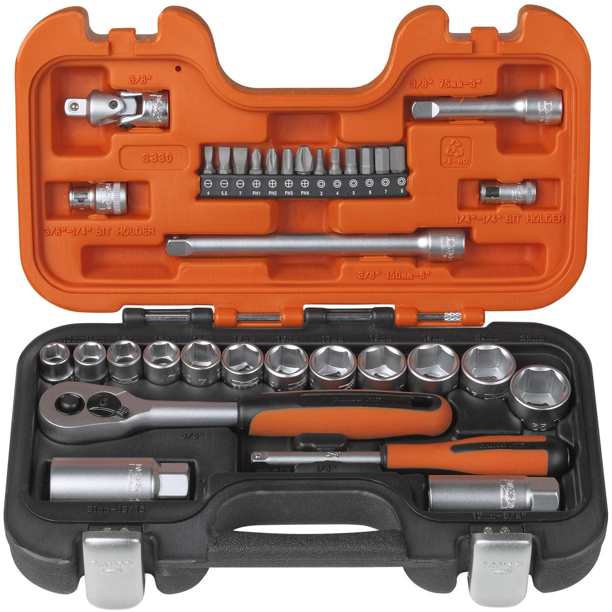 BAHCO 34 Piece S330 3/8″ Metric/AF Socket Set & Ratchet + 1/4″ Screwdriver Bits