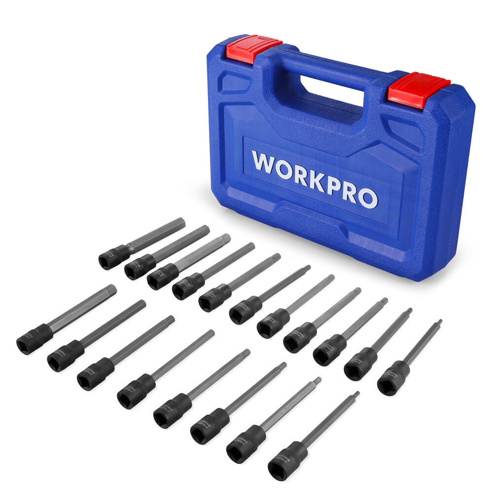 WORKPRO 19PCS 3/8″ Drive Extra Long Torx Hex Bit Socket Set Long Allen Star Bits