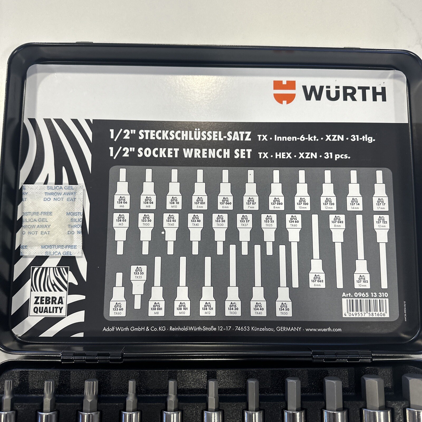 Wurth ZEBRA 1/2 Inch Torx, Multi-Point (12-Pt), & Allen Socket Set 31 Pc W/ Case