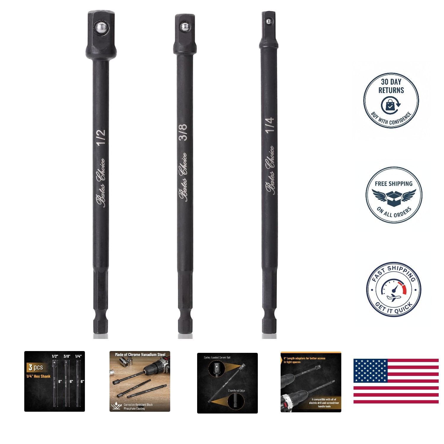 Durable 6-Inch Socket Adapter Set with Secure Fit – 1/4, 3/8, 1/2 Compatibility