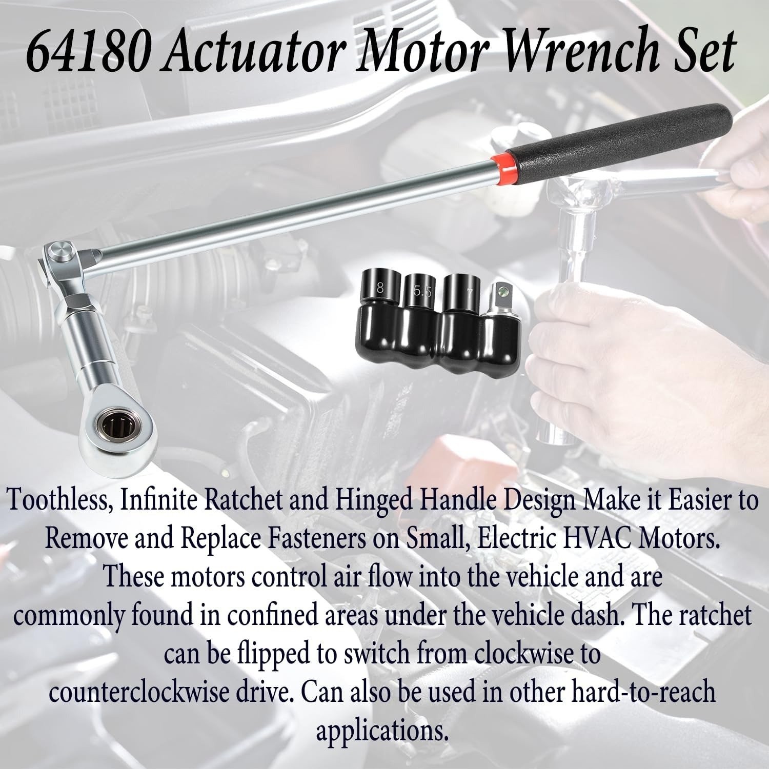 64180 Actuator Motor Tool Set 5.5mm 7mm 8mm Socket and 1/4″ Square Drive Adapter