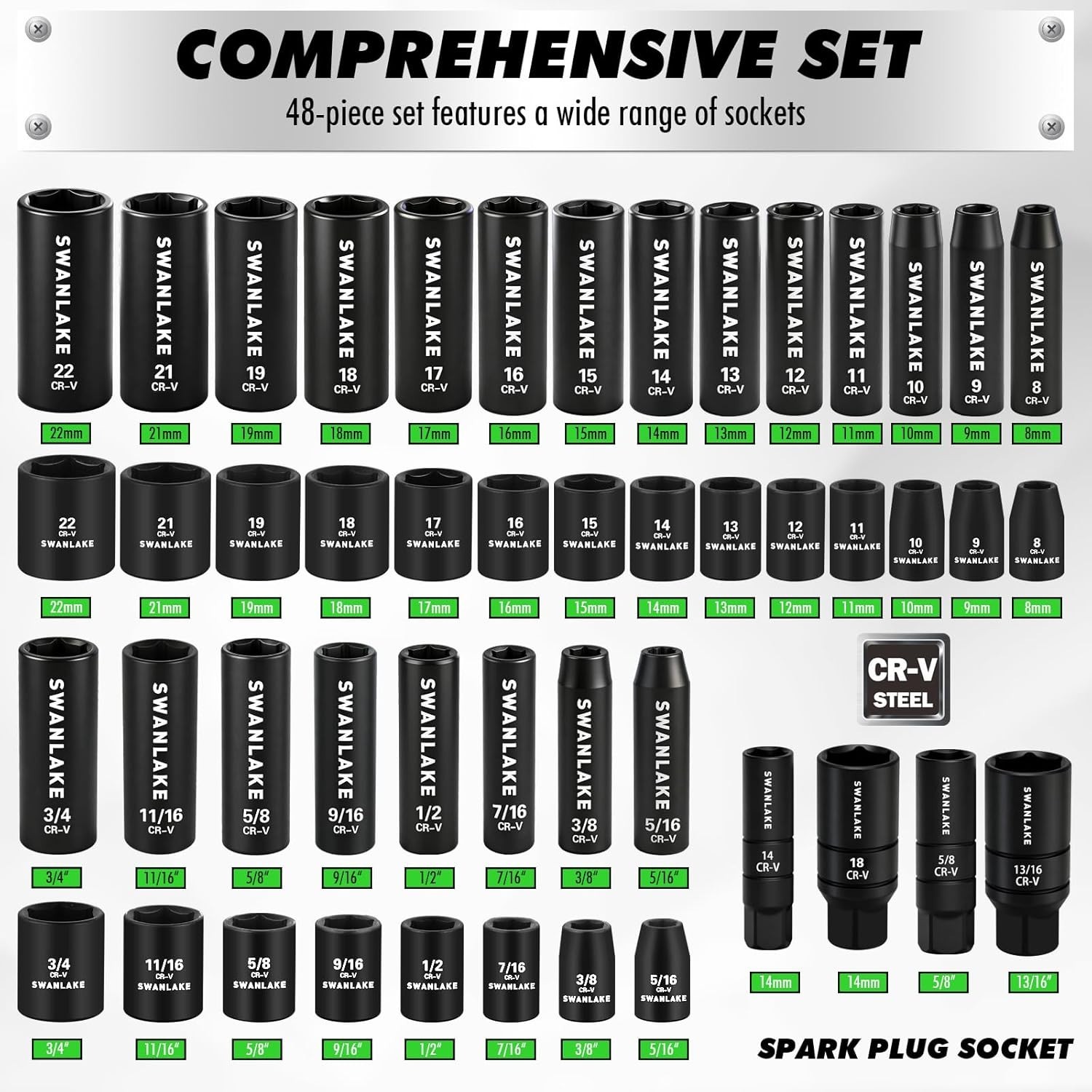 105-Piece 3/8″ Drive Impact Socket Set, SAE 5/16 to 3/4 inch and Metric 8-22m…