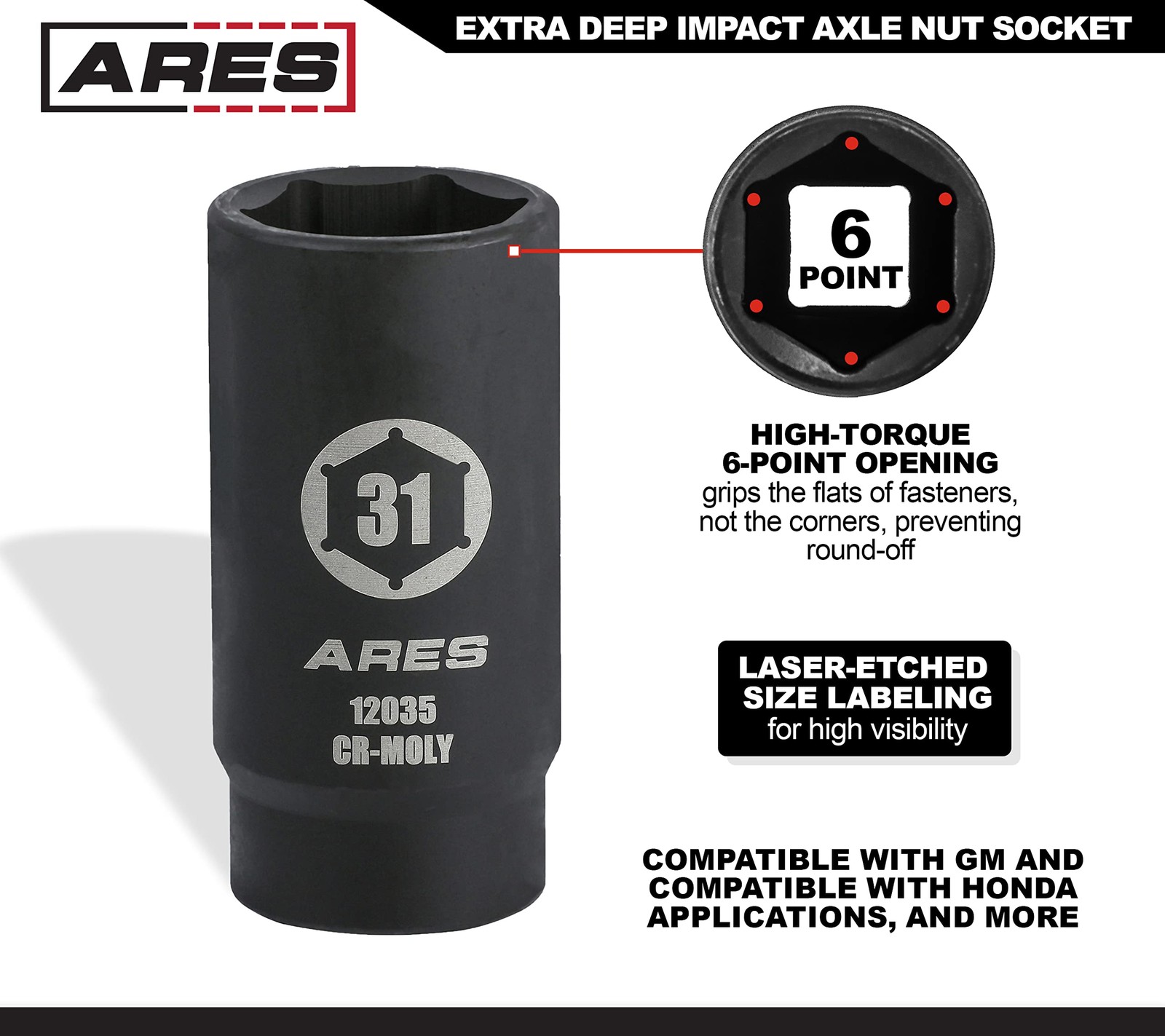 ARES 12035-31MM Axle Nut Socket – 6 Point – Extra Deep 31mm 6-Point