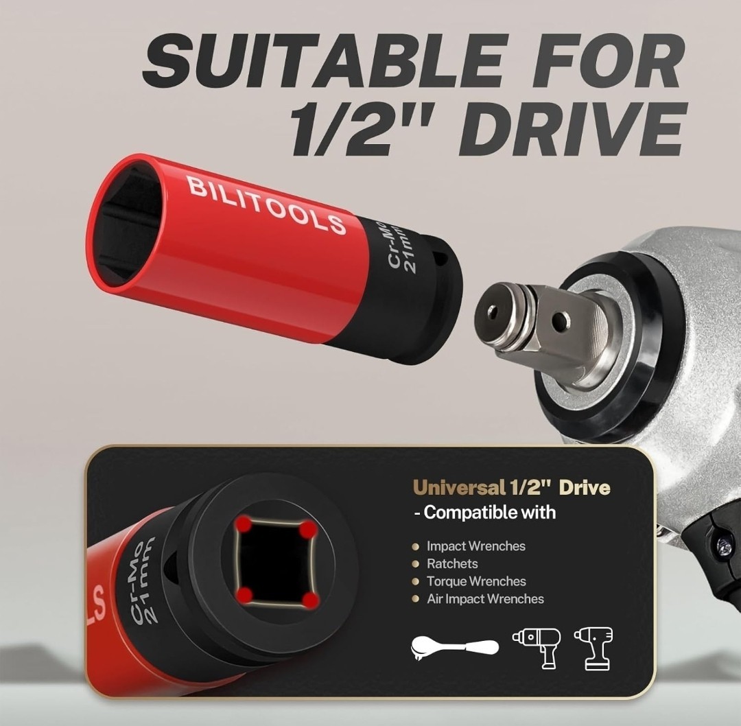 BILITOOLS 1/2 inch Drive Impact Lug Nut Socket Set, 15 17 19 21 22 MM