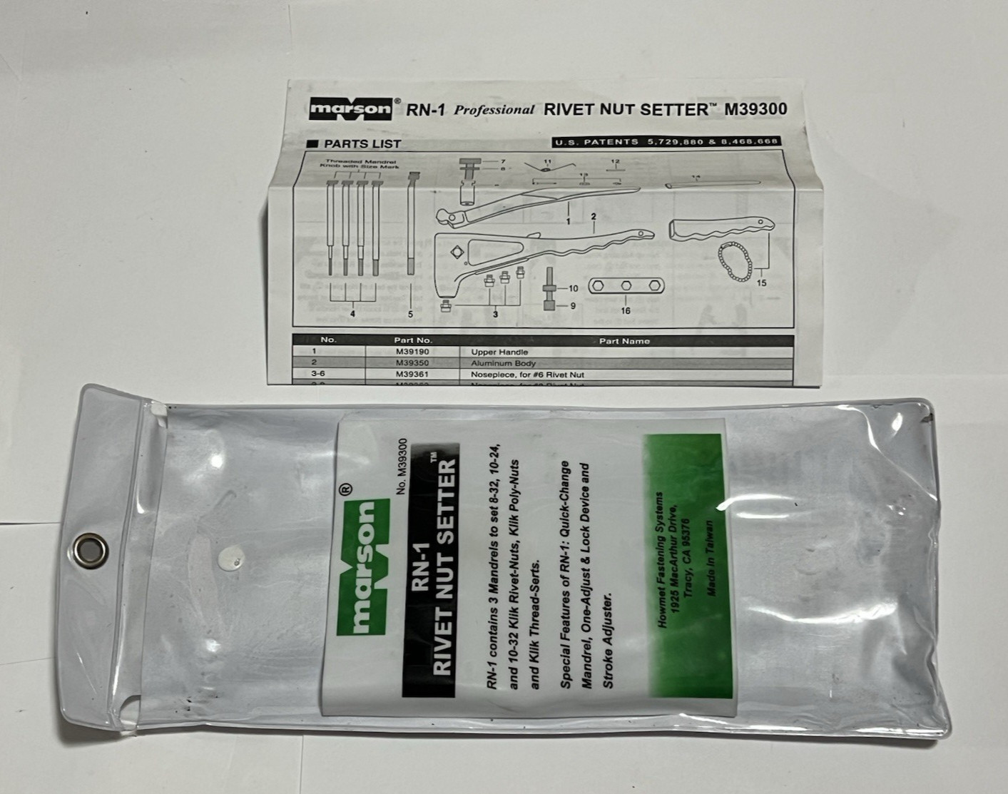 Marson 39300 RN-1 Rivet Nut Setter Installer Tool 8-32 10-24 10-32 NICE