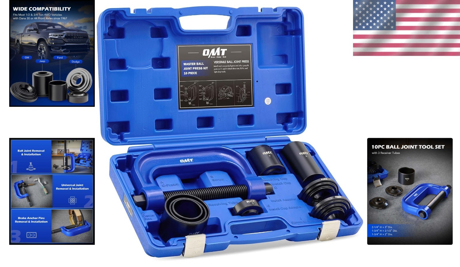 Compact Heavy-Duty Ball Joint Removal Tool Kit with Carrying Case & 4WD Adapters