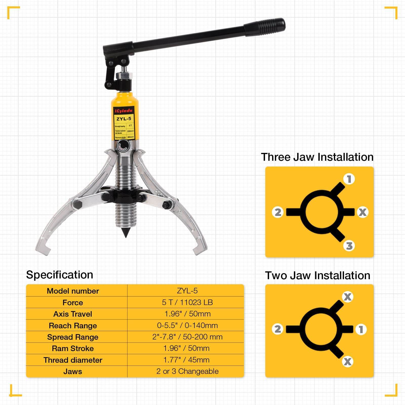5T Hydraulic Gear Puller Kit Bearing Puller w/Case 2/3 Jaw Bearing Hub Separator