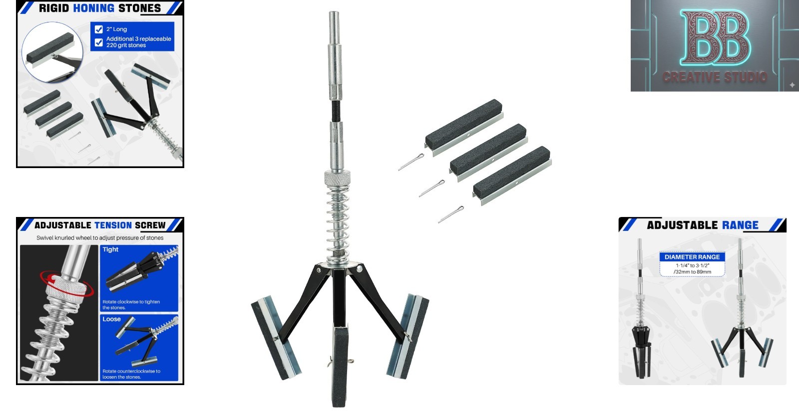 Engine Brake Cylinder Hone Tool with 3-Piece 2» Stones for 1.25″-3.5″ Cylinders