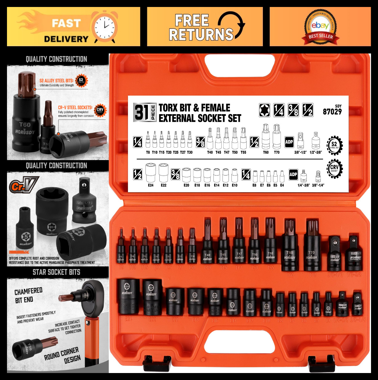 31Pcs Torx Bit Socket Set – 14 Star Bits (T8-T70), 12 E-Torx Sockets, Impact Ada