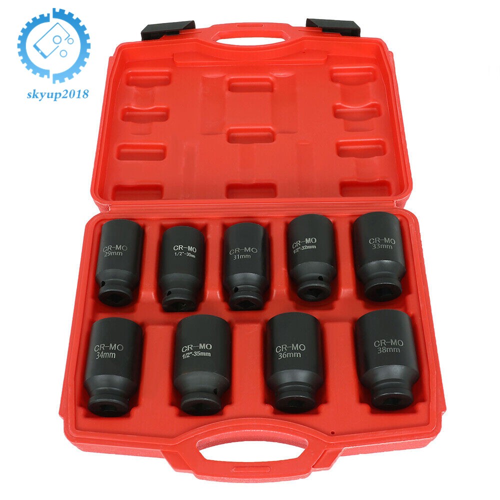 9Pcs 29mm-38mm Drive Metric Axle Hub Nut Socket Deep Impact Socket Tool Kit