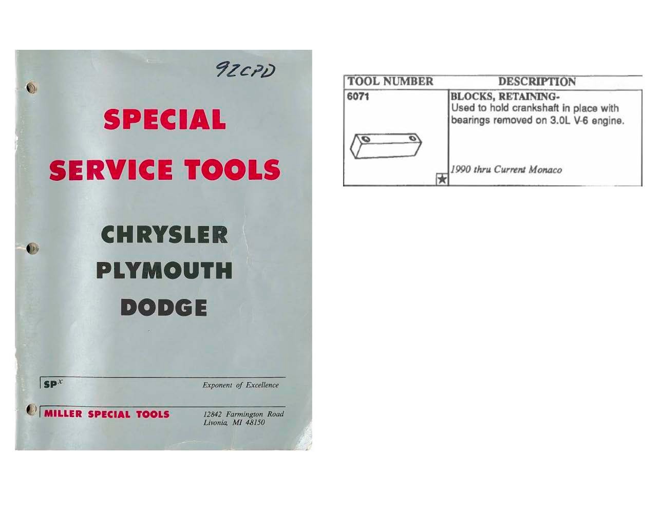 88-92 Dodge Monaco Eagle Premier Renault Specialty Engine Tools Miller 6071