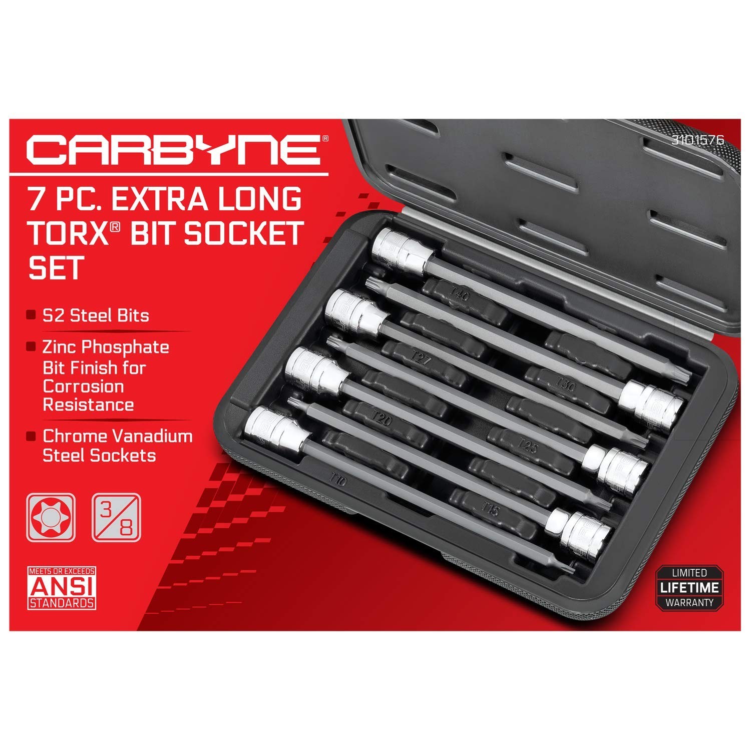 7-Piece Extra Long Torx Bit Socket Set T10-T40, 3/8″ Drive, S2 Steel, Durable Ca