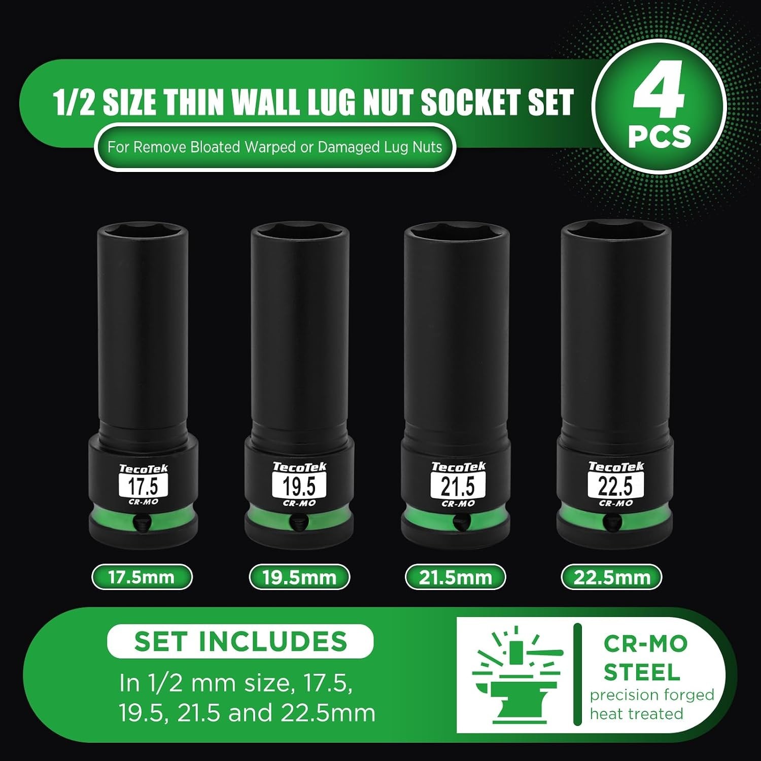 4-Piece Chrome Molybdenum Lug Nut Socket Set with Impact Wrench Compatibility