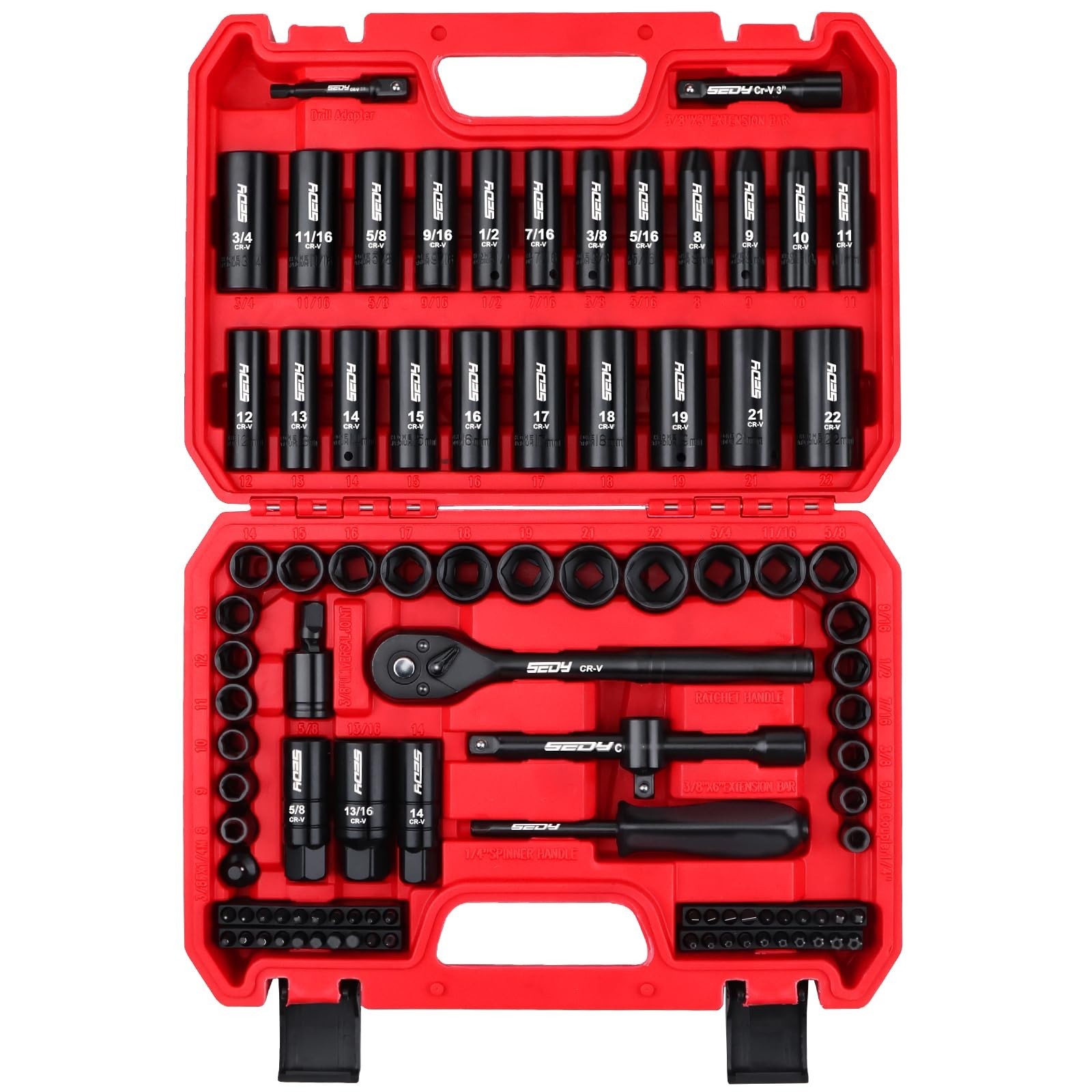 96-Piece Impact Socket Set 3/8″ Drive – SAE & Metric Sockets, Ratchet, Bits & Ad
