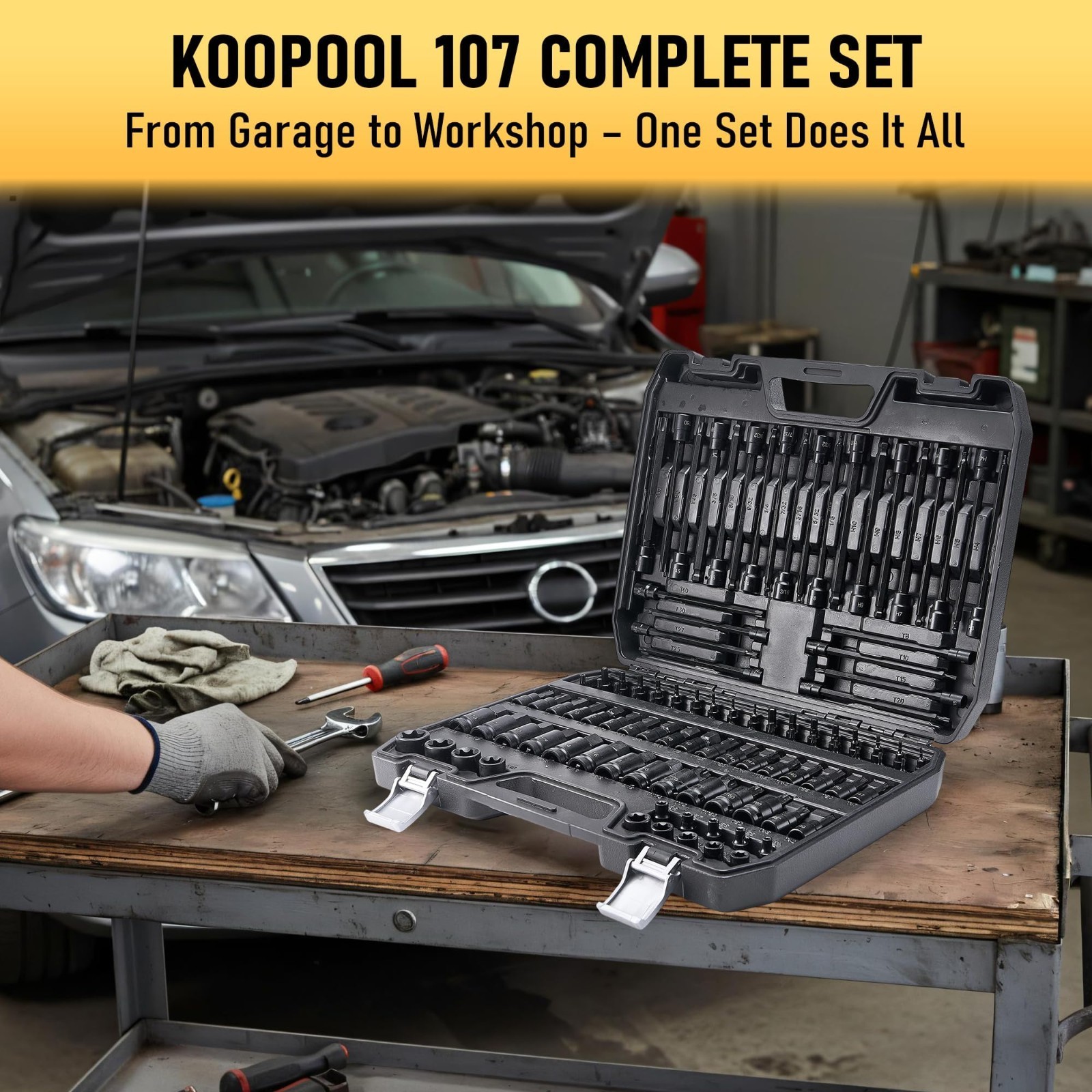 107-Piece Torx & Allen Bit Socket Set – S2 Steel, Long Ball End, SAE/Metric, Tam