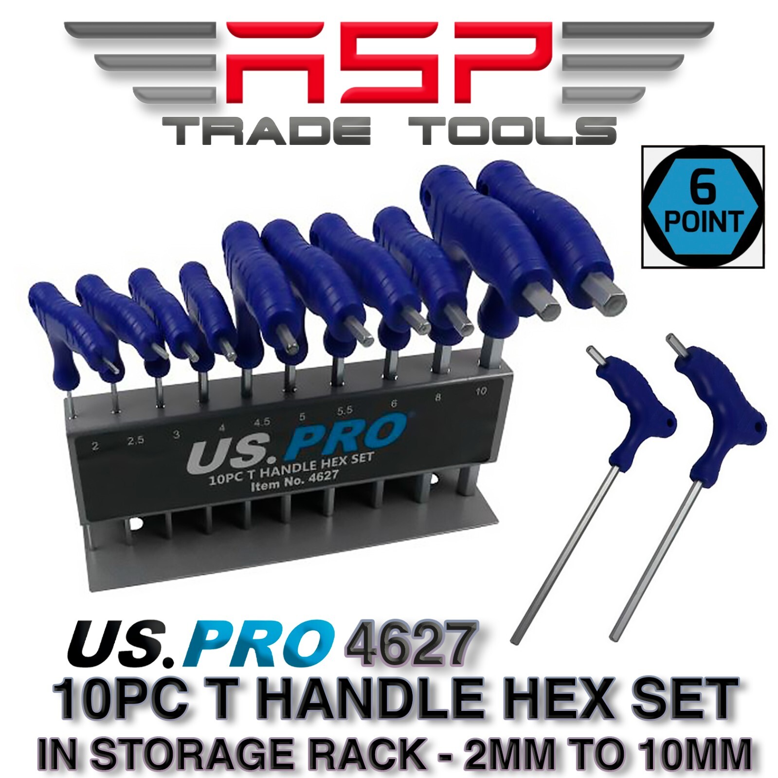 10pc Long Metric T Handle Hex Allen key Wrench Set 2mm – 10mm in Storage Rack