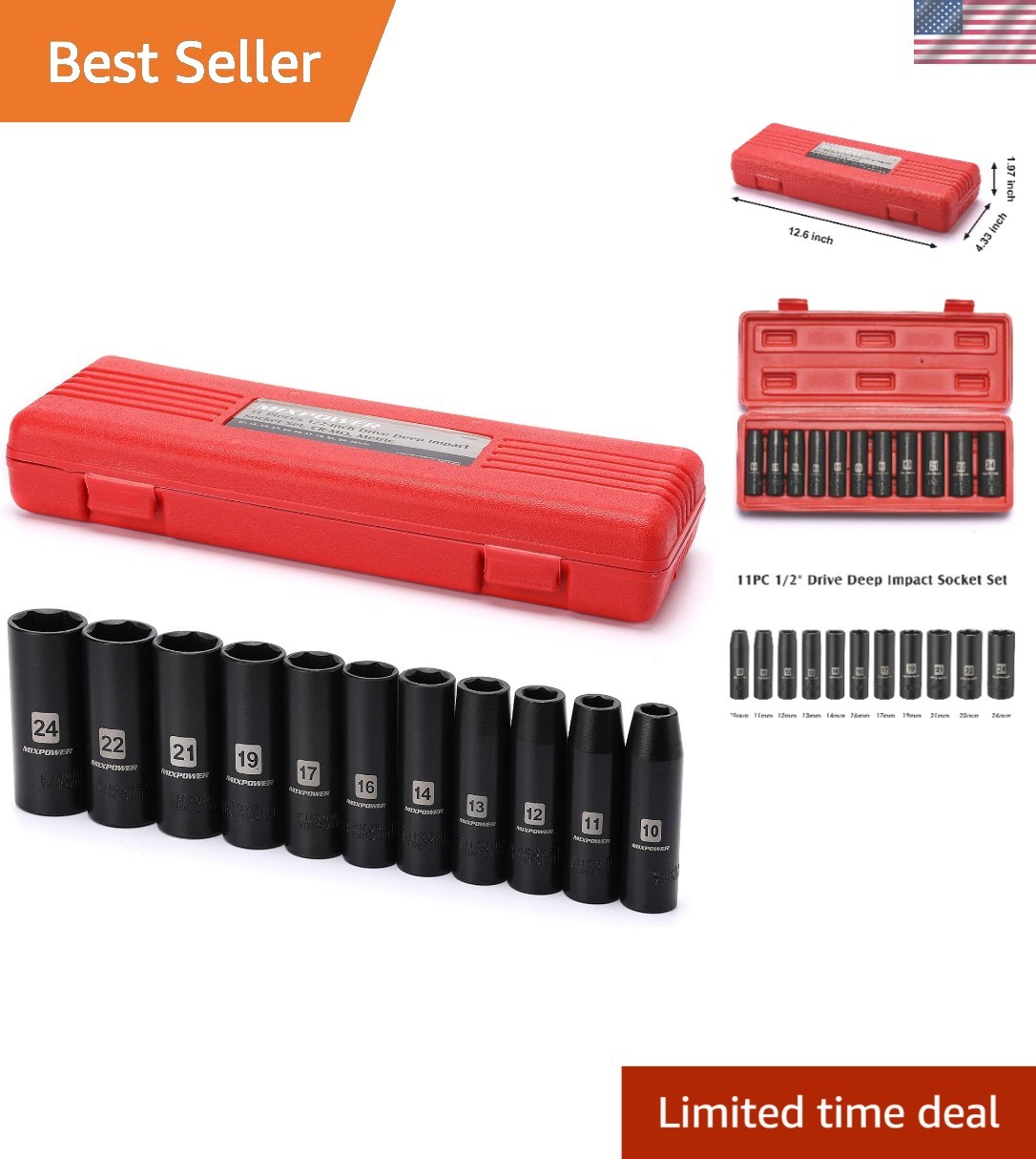 11-Piece 1/2-Inch Drive Deep Impact Socket Set, CR-V, Metric, 6 Point, Deep, …
