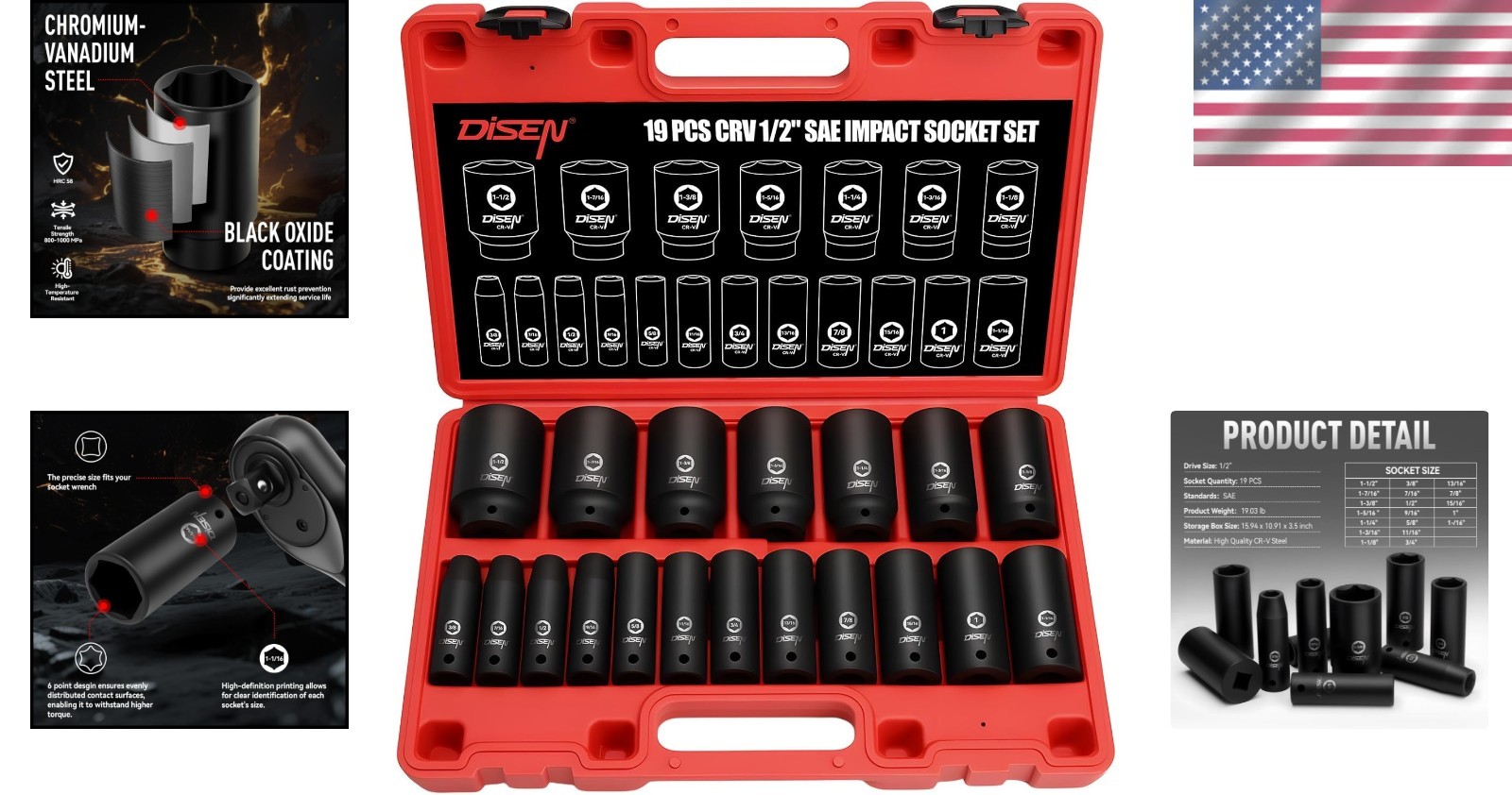High-Torque 1/2″ Drive Socket Set – 19 Pcs