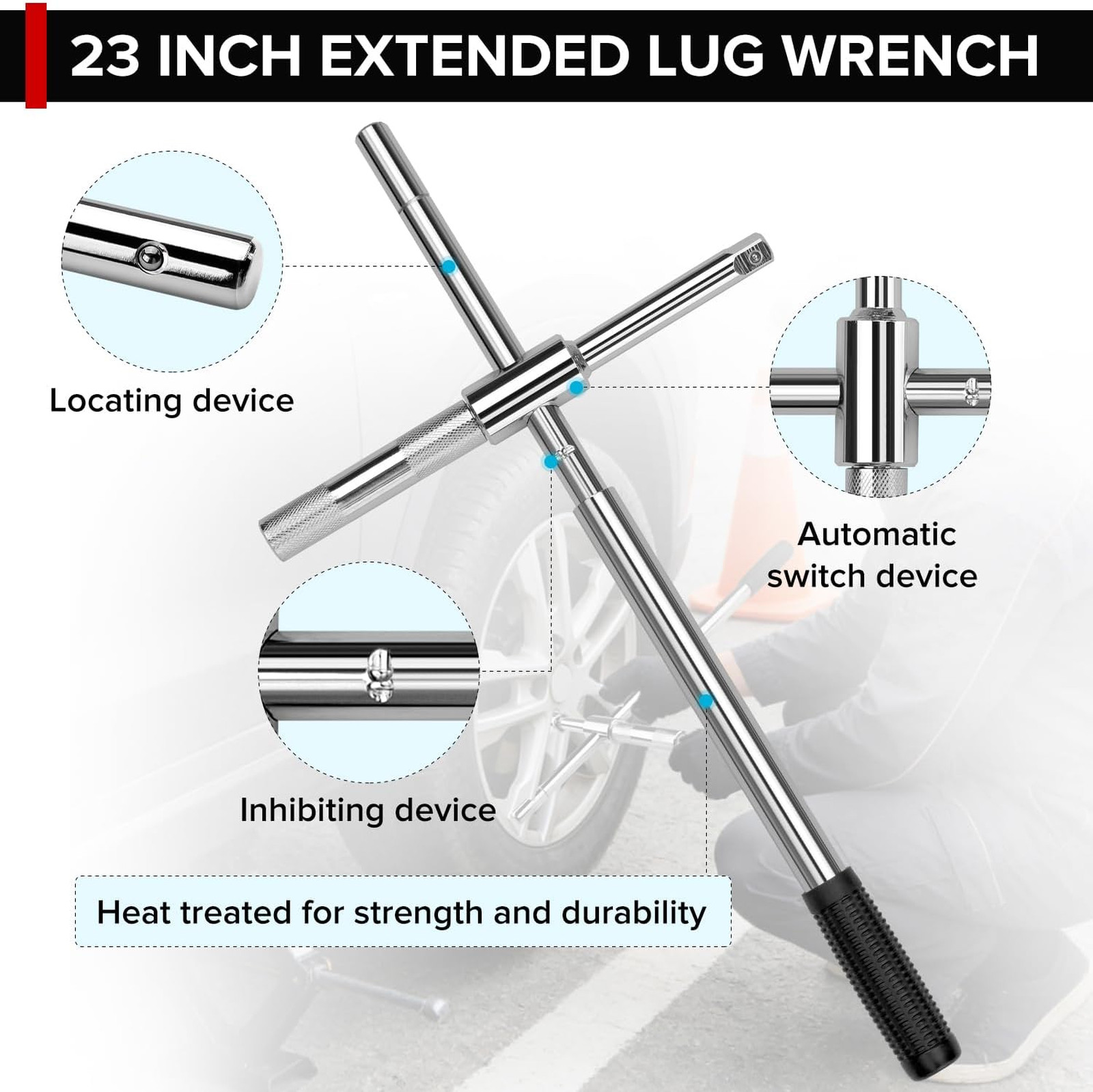 Extended Lug Wrench, 4 Way Tire Iron for Car, 17mm 19mm 21mm 23mm Sockets, 1/2