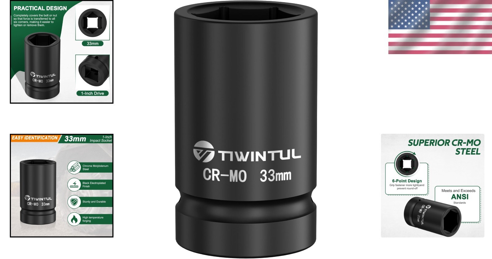 33mm Deep Impact Socket, 1 Inch Drive, Chrome Molybdenum Steel, Manganese Finish
