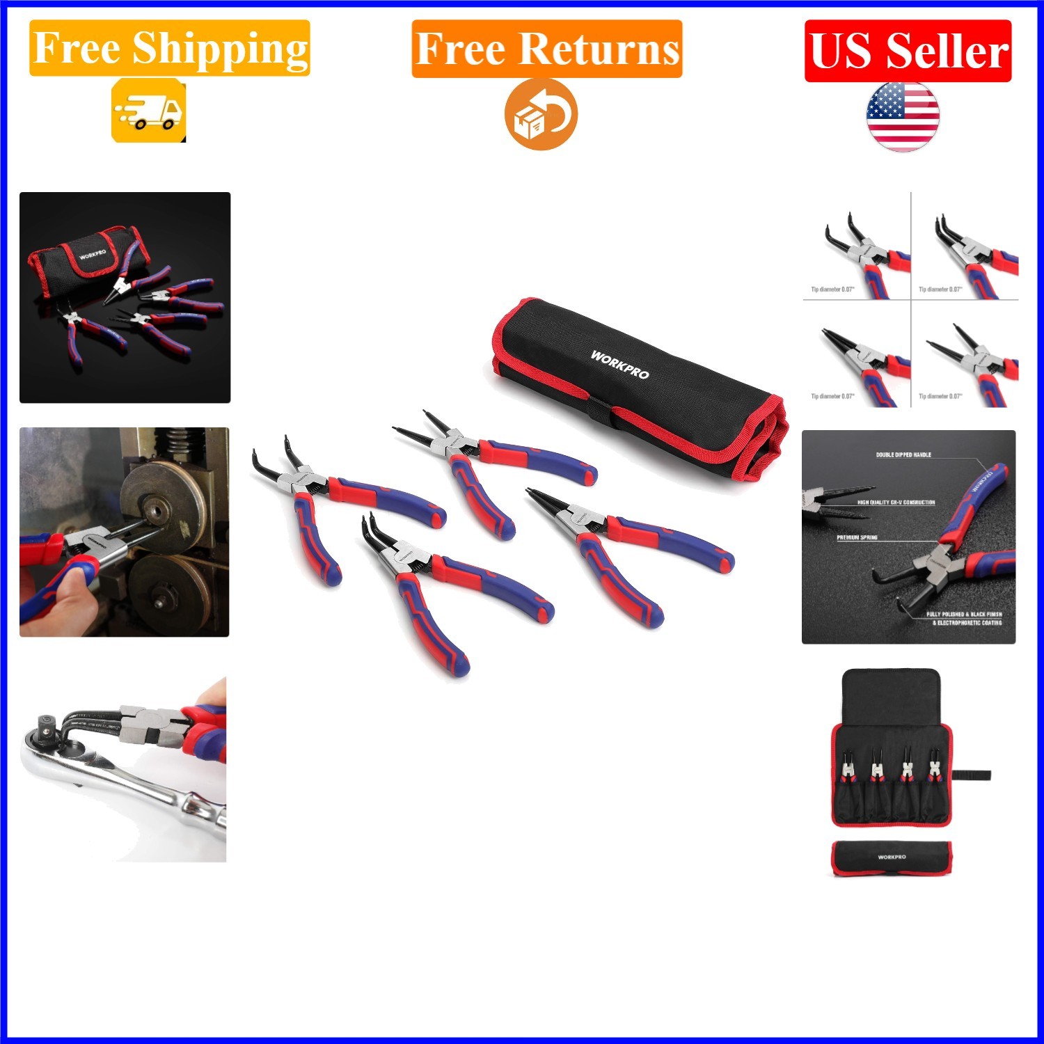 4-Piece Heavy Duty Snap Ring Pliers Set – 7-inch Chrome Vanadium Steel