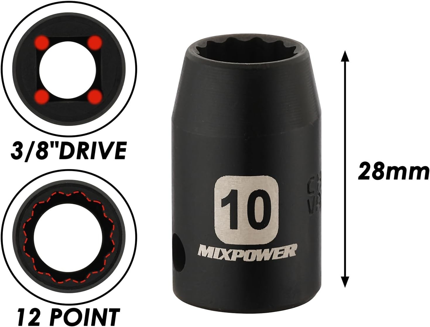 10mm Deep Shallow Socket 6PCS 3/8″ Drive 6 Point 12 Point CR-V