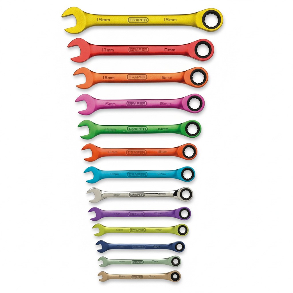 13pc Metric Combination Ratchet Spanner Set Coloured CRV HI-TORQ Draper 07142