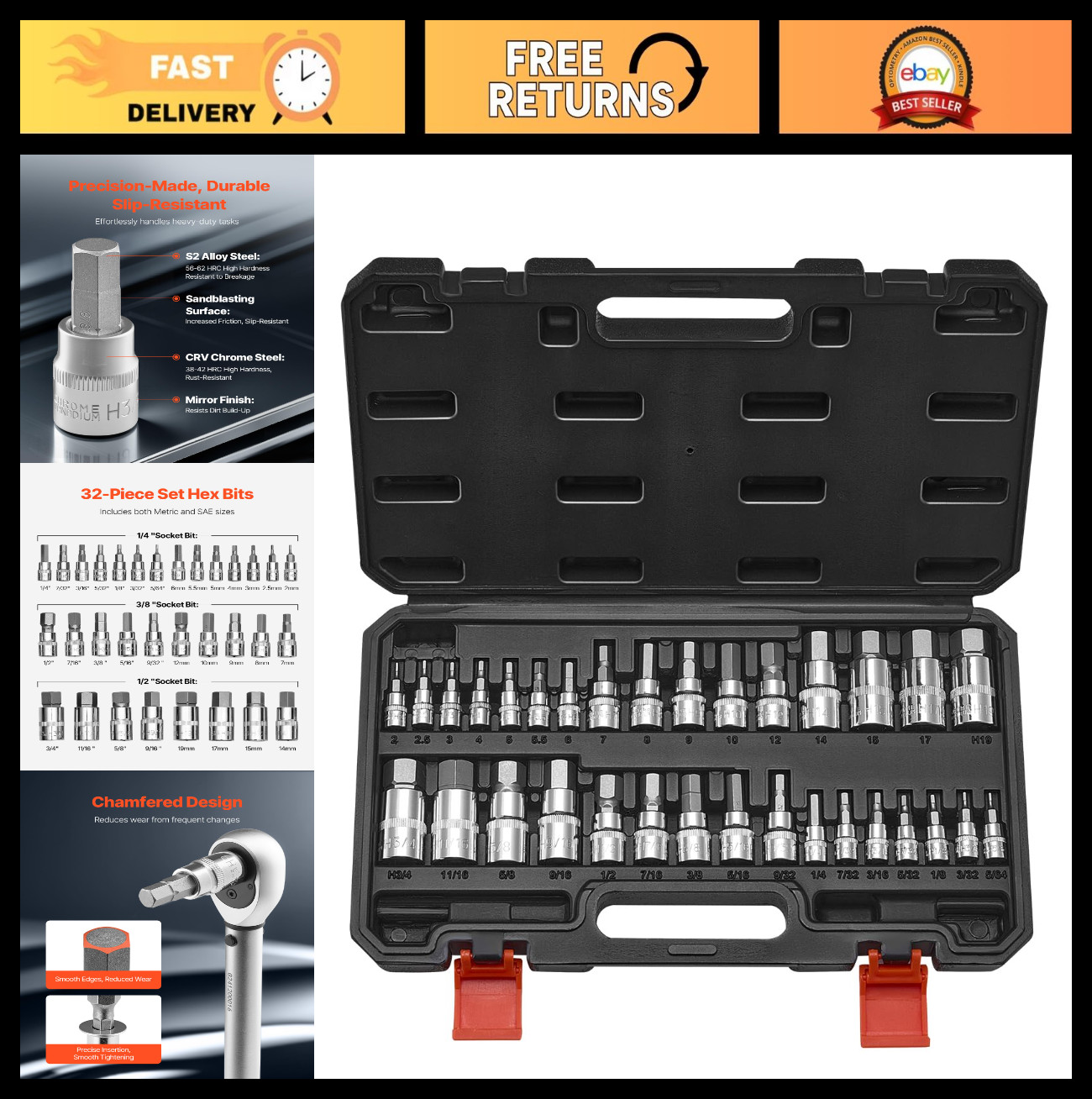 32-Piece Hex Bit Socket Set – S2 Alloy & Cr-V Steel, SAE/Metric, 1/4″, 3/8″, 1/2