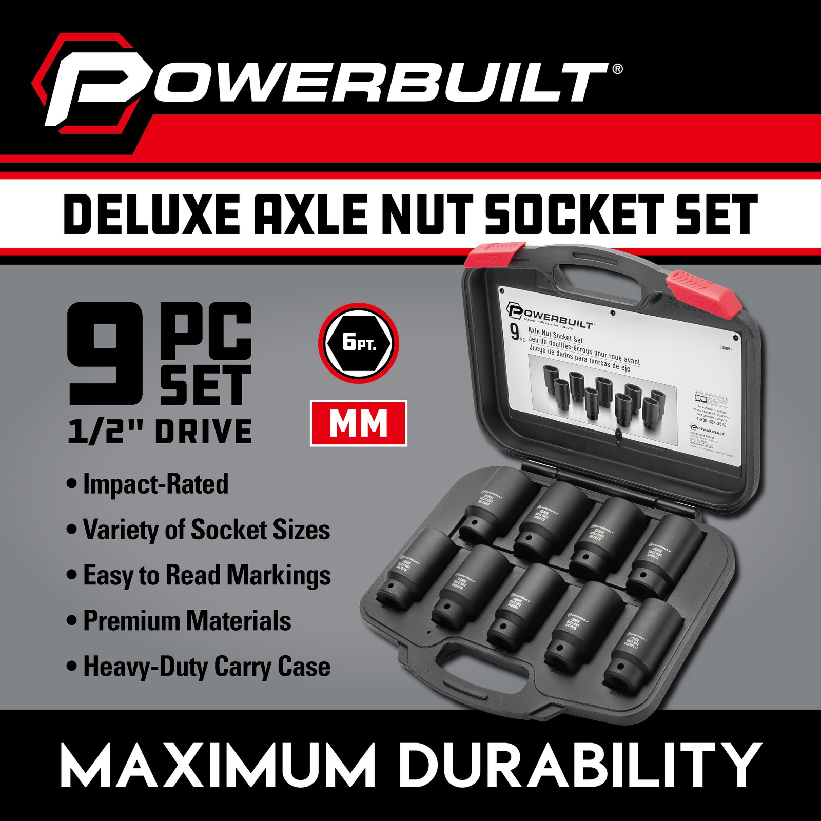 Powerbuilt 9 Piece Deluxe Axle Nut Socket Set – 648991