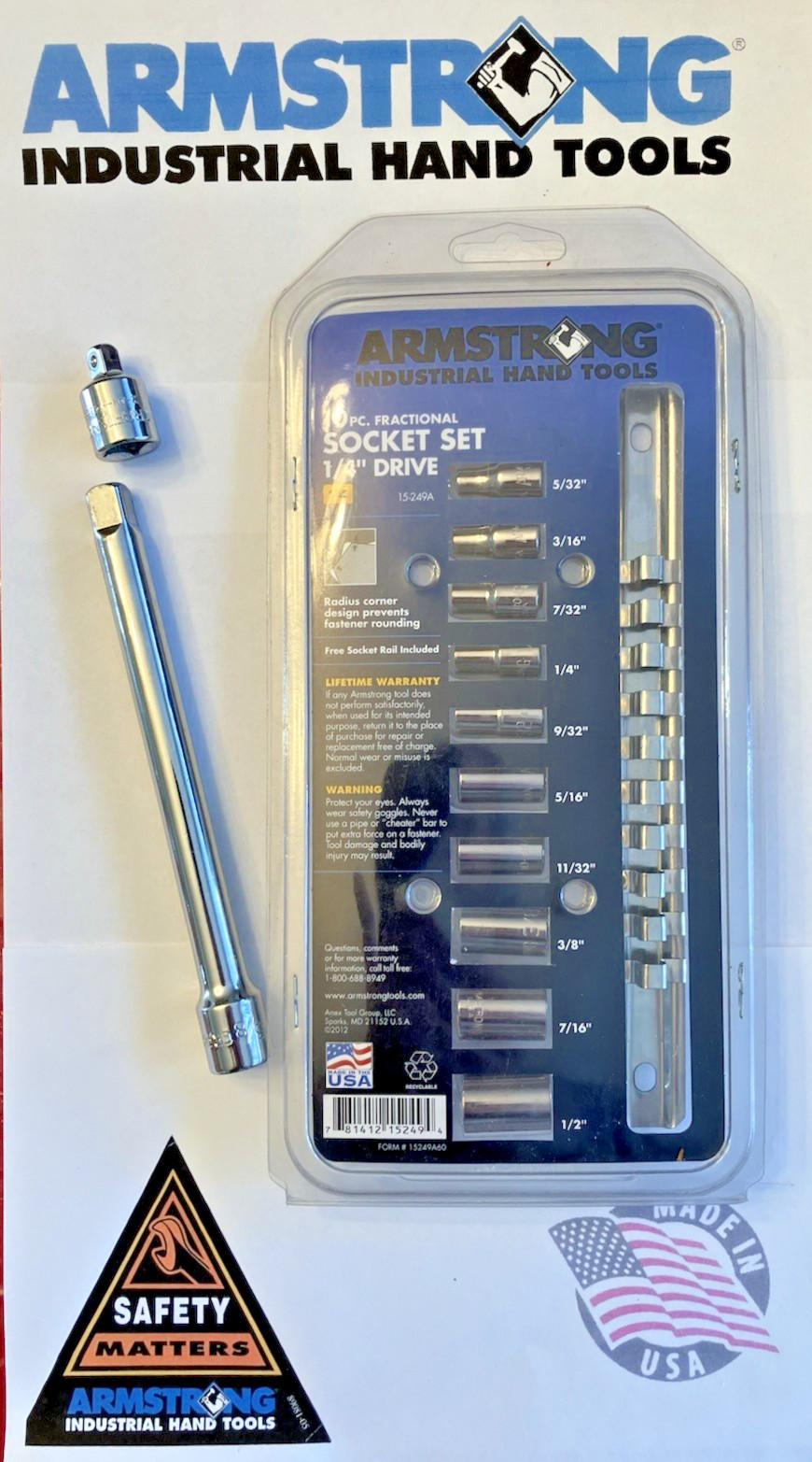 Armstrong USA MADE #15-249A 10pc SAE 1/4” Drive Socket Set W Rail + BONUS