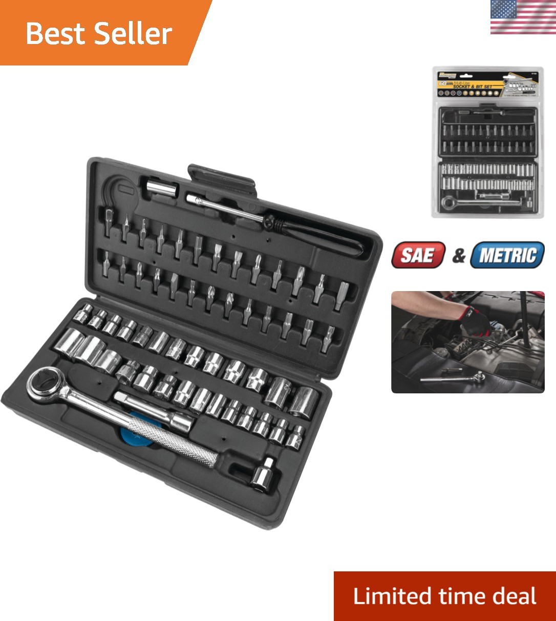 W1168 60-Piece SAE/Metric Socket Set with Ratchet & Extension – Versatile Tools