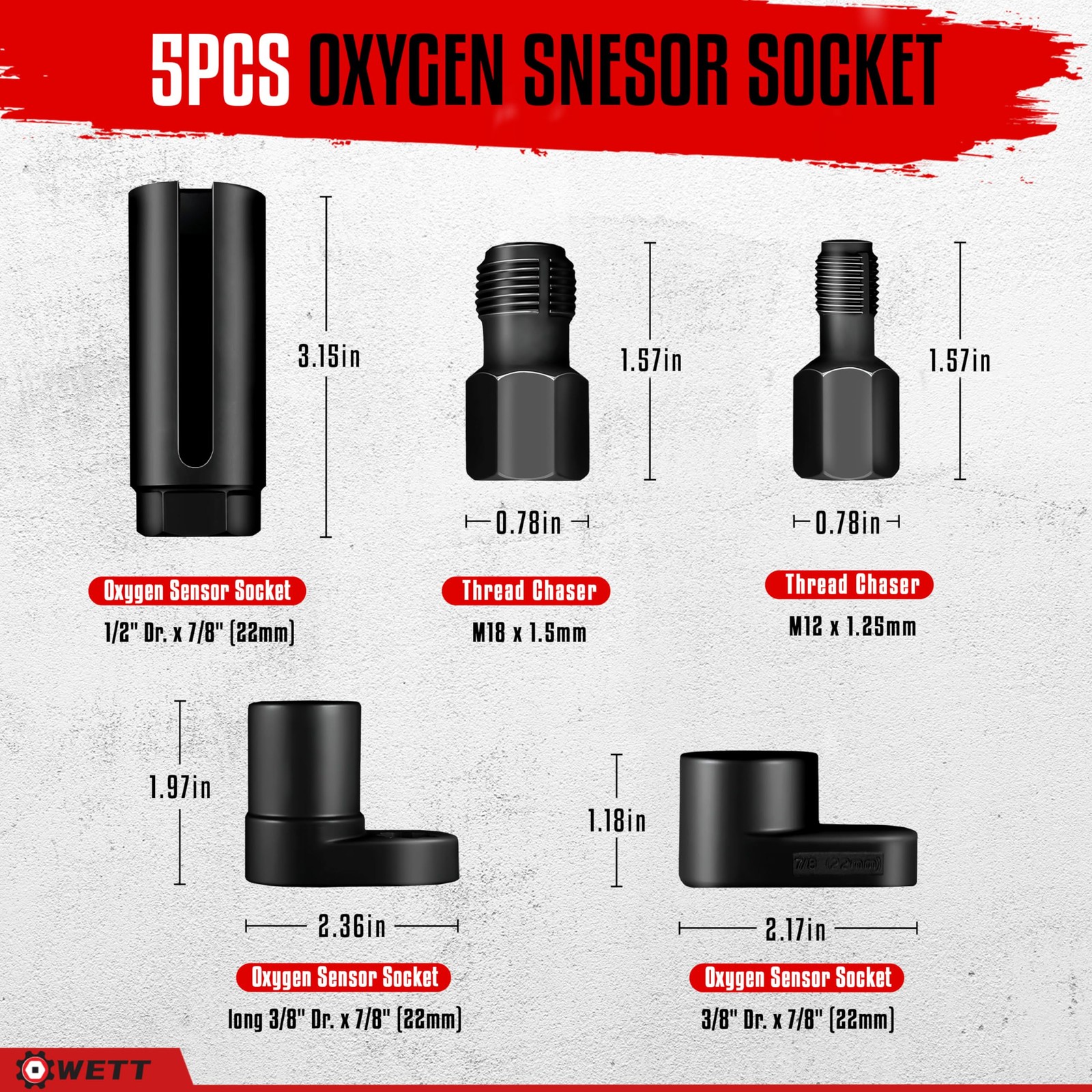 WETT Oxygen Sensor Socket Set, 5Piece Offset O2 Sensor Wrench Removal Tool an…
