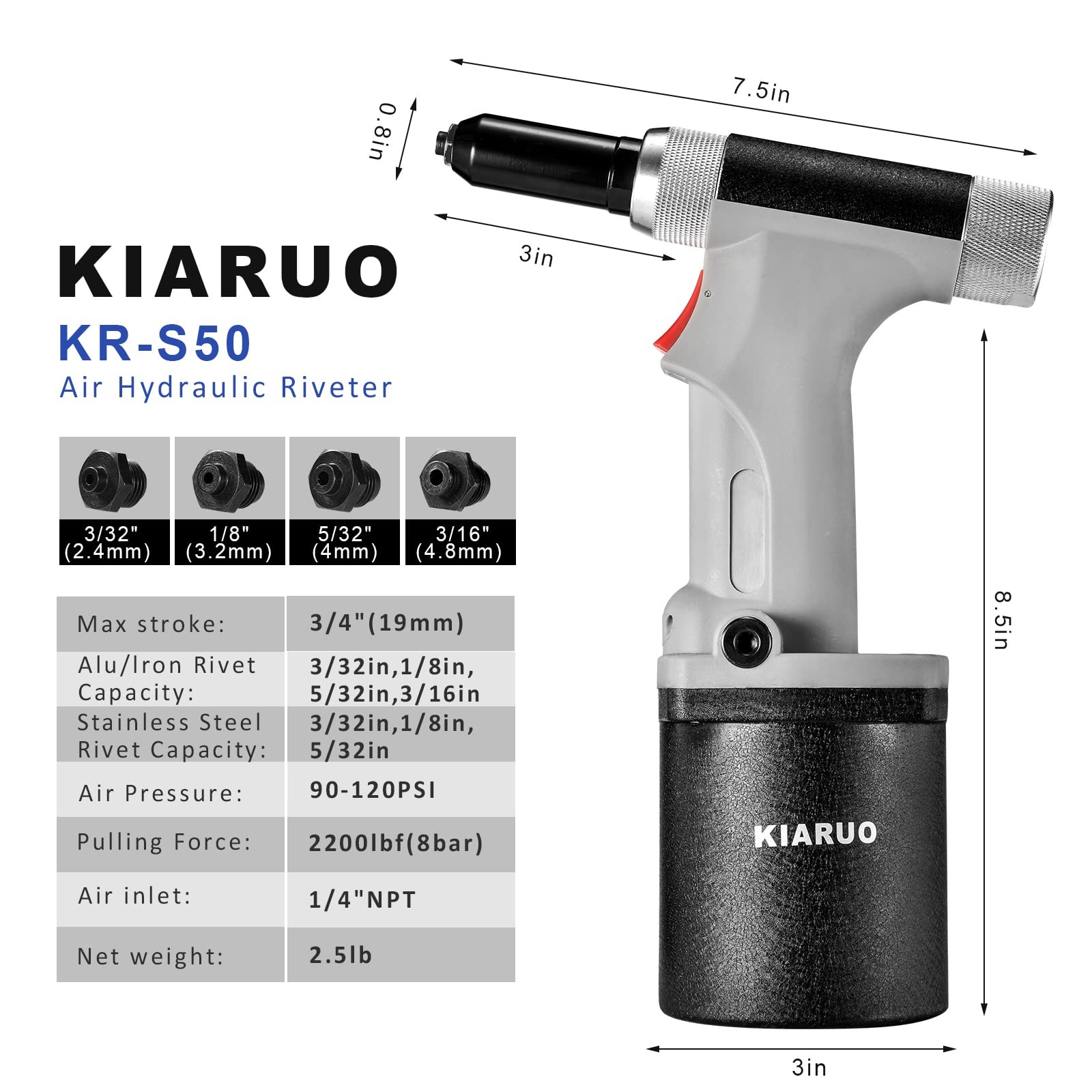 KIARUO Pneumatic Rivet Gun 3/16″ 5/32″ 1/8″ S50 General Model, grey