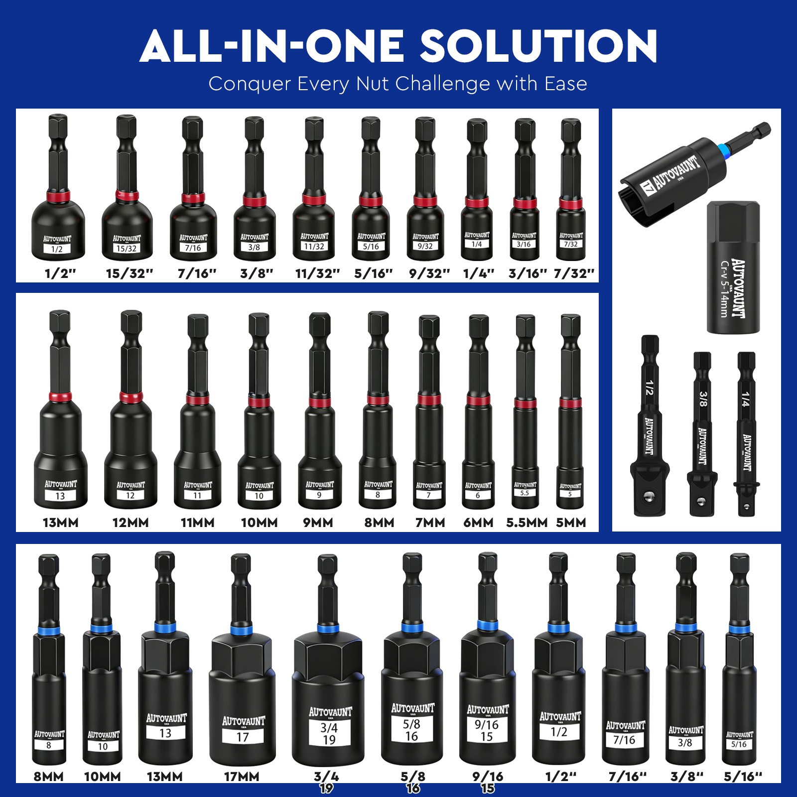 80PC Magnetic Impact Nut Driver Set Power Bit Screwdriver SAE Metric 1/4» DIY