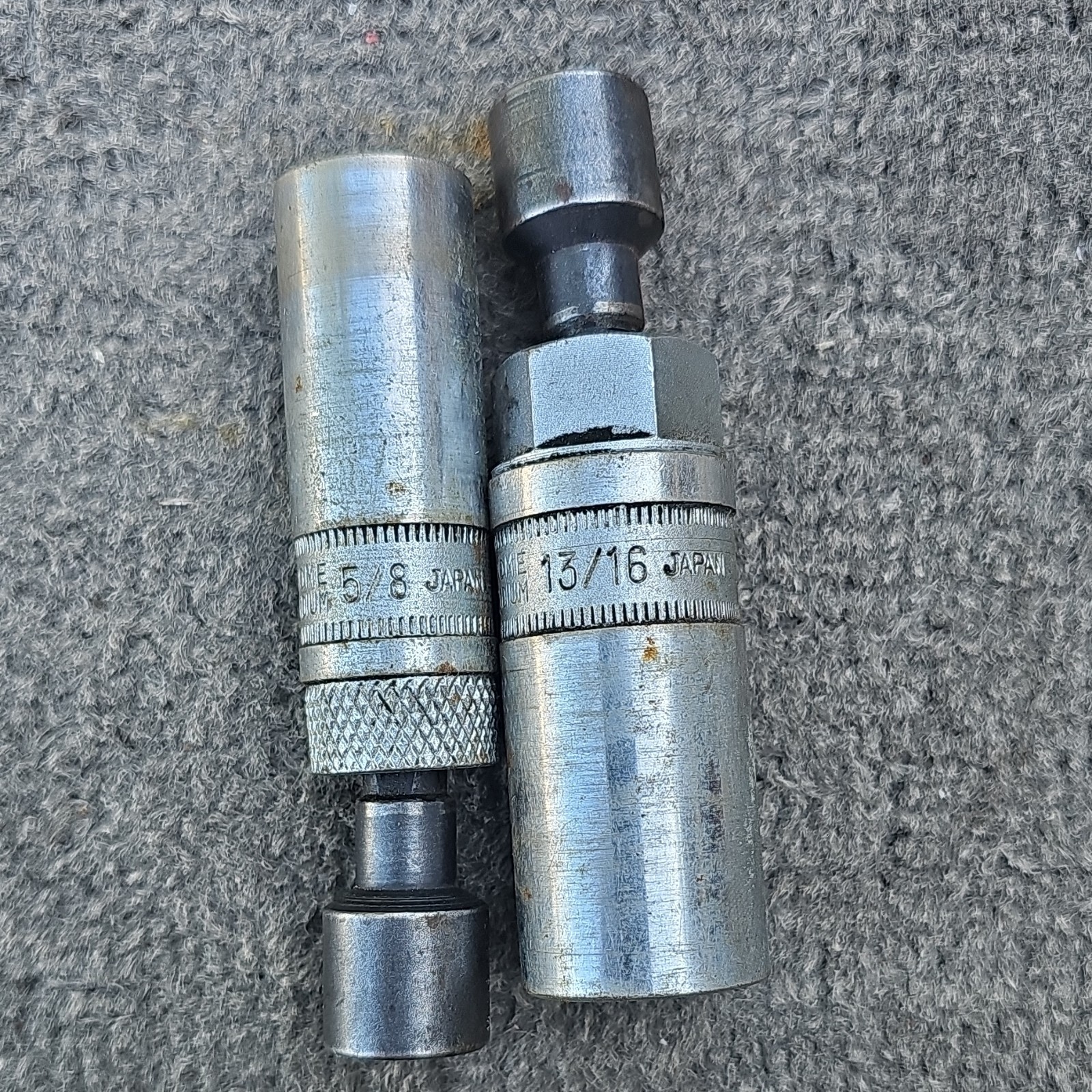 2 Sunex Brand Spark Plug Sockets, 5/8 And 13/16, 3/8 Drive Stamped JAPAN, used