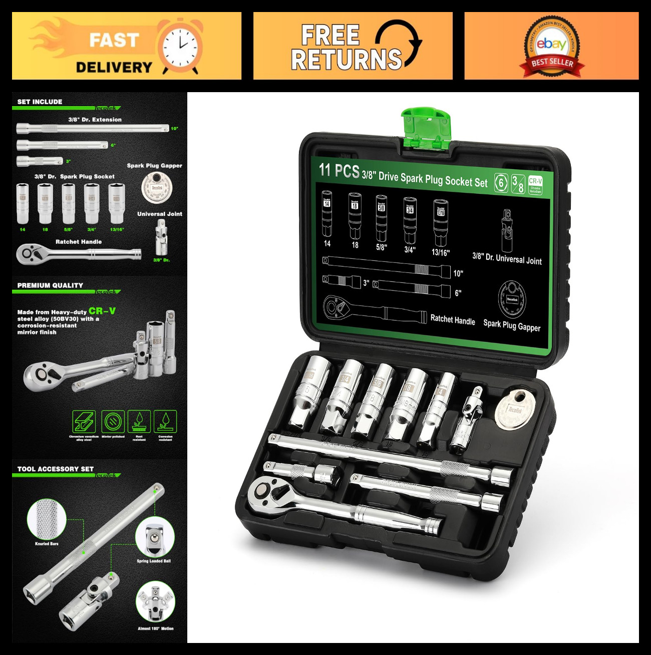 11-Piece Spark Plug Socket Set, 3/8″ Ratchet, Gap Tool, Universal Joint & Extens