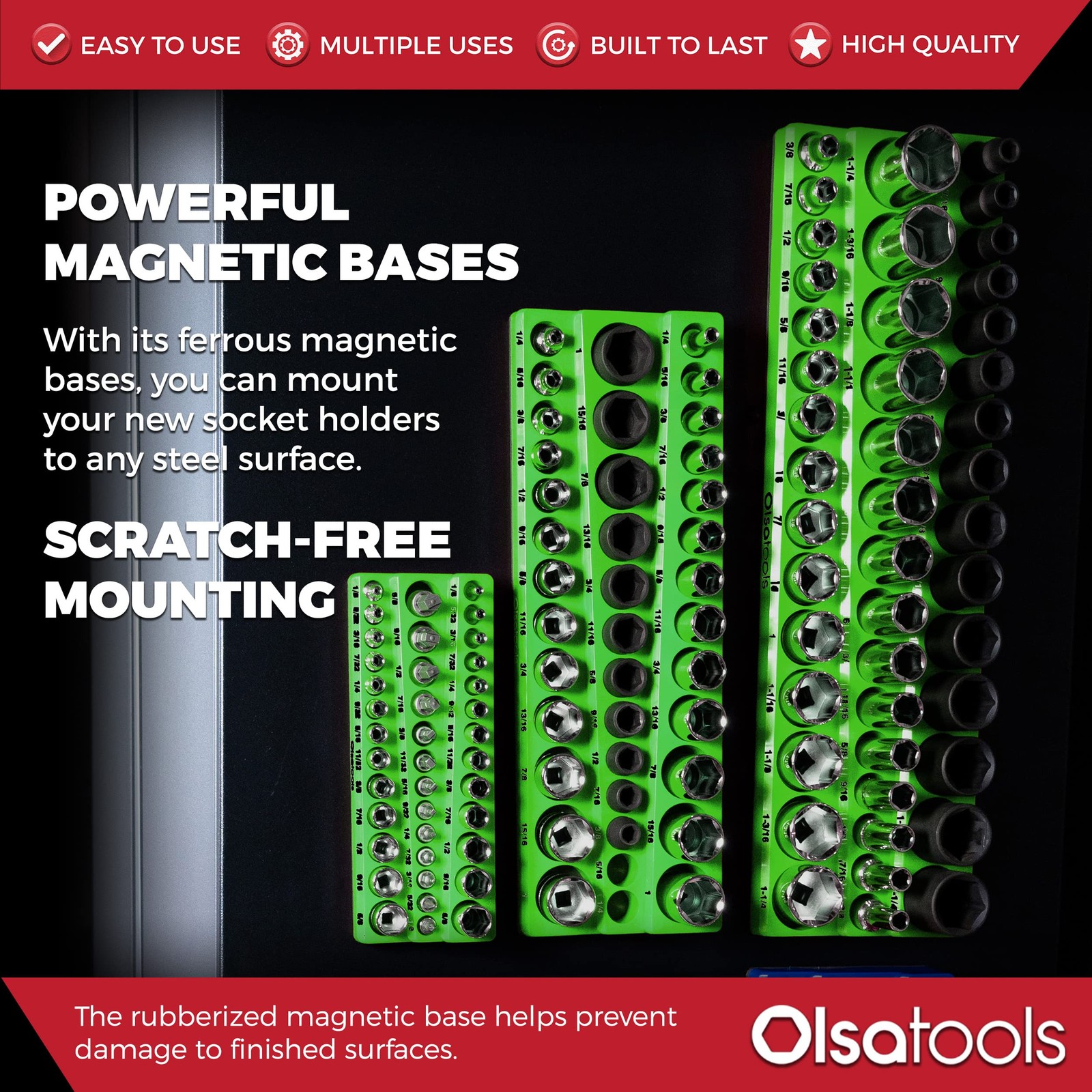 Magnetic Socket Organizer 1/4 3/8 1/2 Drive SAE Green 1561 Olsa Tools 1/2-Inch