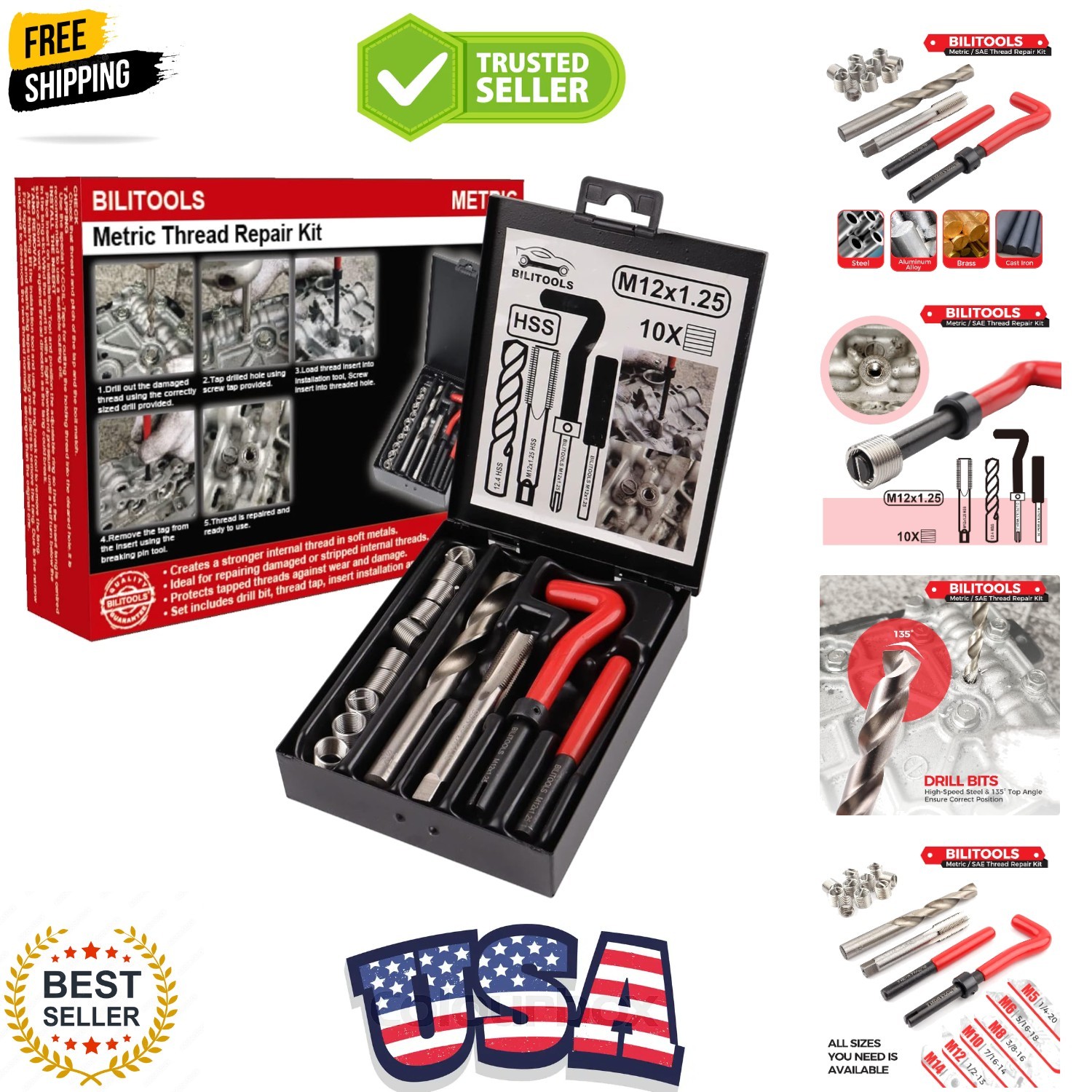 M12x1.25 Thread Repair Kit, HSS Drill Helicoil Repair Kit Metric