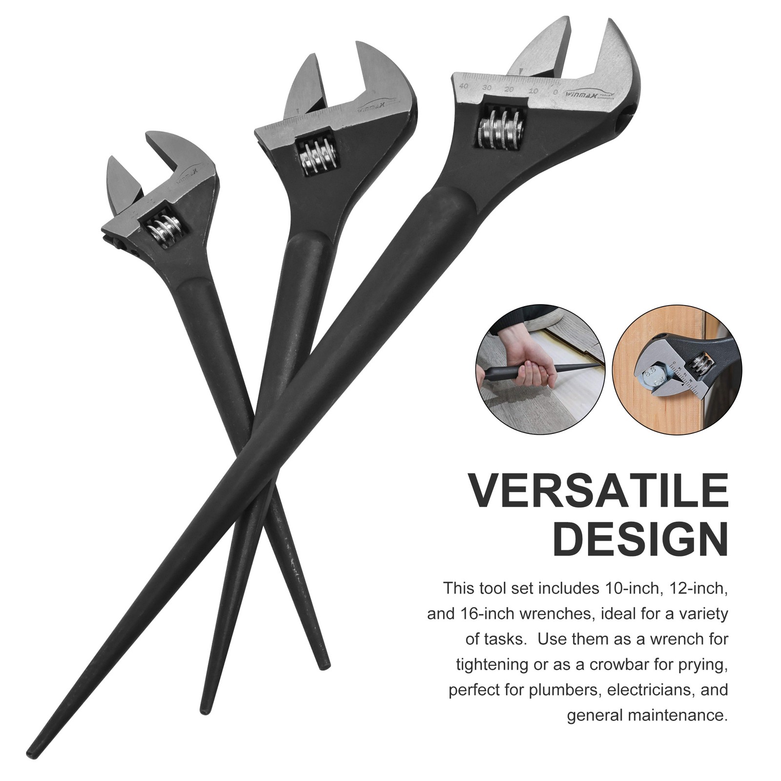 10″ 12″ 16″Adjustable Construction Spud Wrench Set SAE &Metric Scale Marked 3pcs