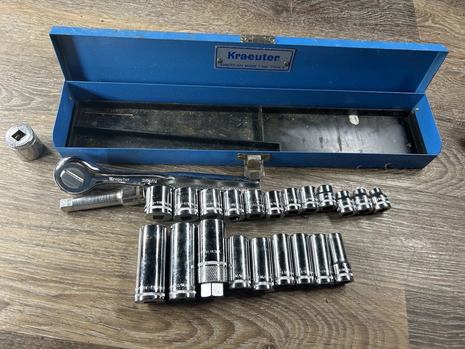 Vtg Kraeuter Tools Metric 3/8″ Drive Socket Ratchet Set Shallow Deep 7-19mm 6 pt
